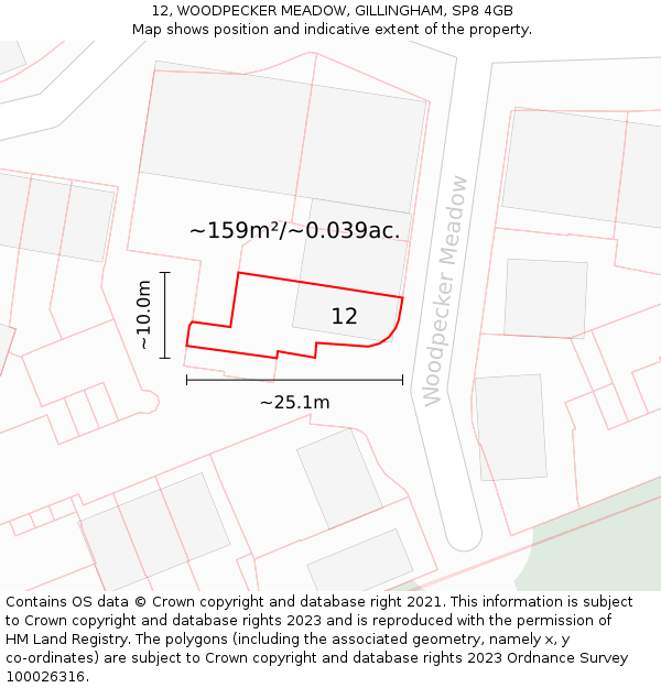 12, WOODPECKER MEADOW, GILLINGHAM, SP8 4GB: Plot and title map