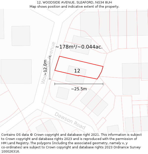 12, WOODSIDE AVENUE, SLEAFORD, NG34 8UH: Plot and title map