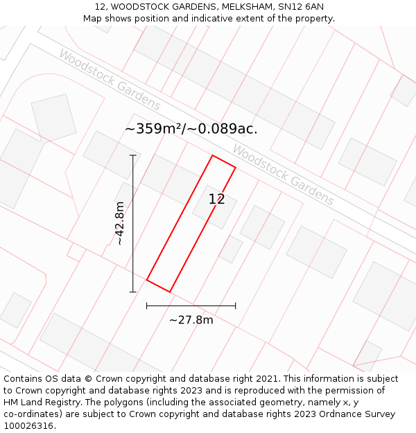 12, WOODSTOCK GARDENS, MELKSHAM, SN12 6AN: Plot and title map