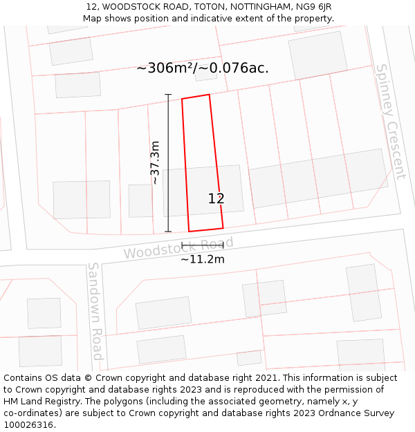 12, WOODSTOCK ROAD, TOTON, NOTTINGHAM, NG9 6JR: Plot and title map