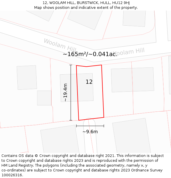 12, WOOLAM HILL, BURSTWICK, HULL, HU12 9HJ: Plot and title map