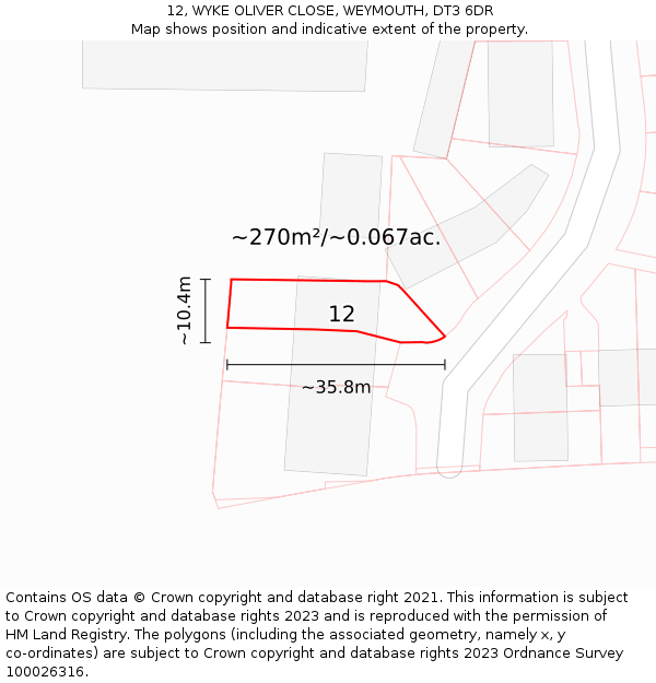 12, WYKE OLIVER CLOSE, WEYMOUTH, DT3 6DR: Plot and title map