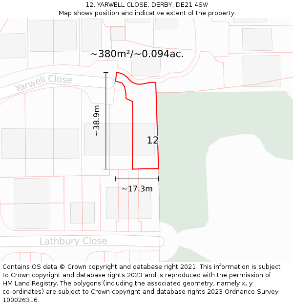 12, YARWELL CLOSE, DERBY, DE21 4SW: Plot and title map