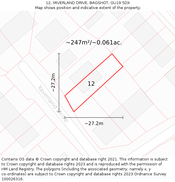 12, YAVERLAND DRIVE, BAGSHOT, GU19 5DX: Plot and title map
