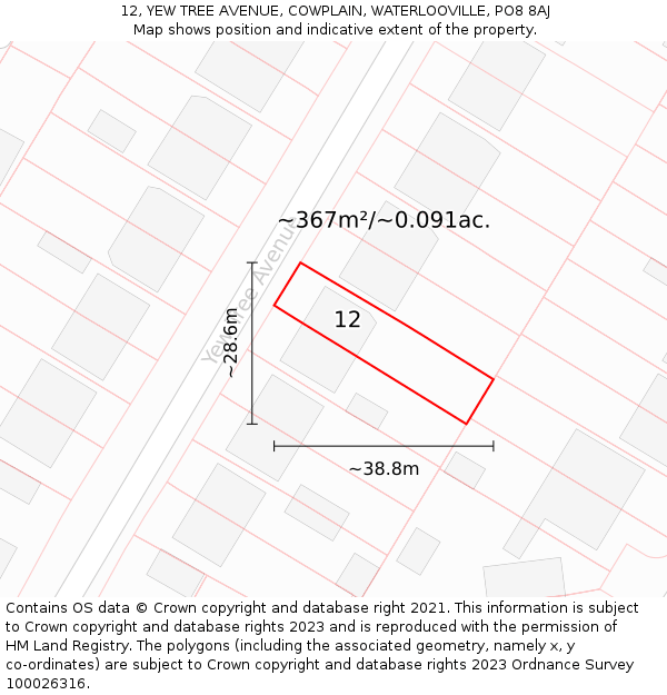 12, YEW TREE AVENUE, COWPLAIN, WATERLOOVILLE, PO8 8AJ: Plot and title map