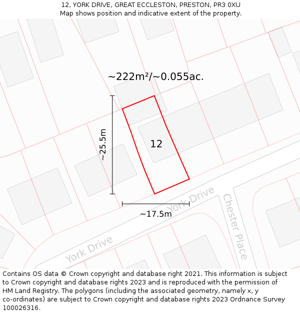 12, YORK DRIVE, GREAT ECCLESTON, PRESTON, PR3 0XU: Plot and title map