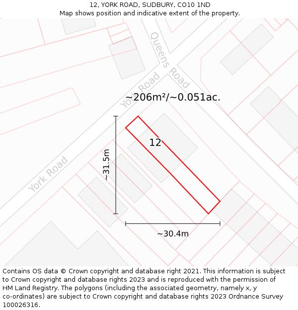 12, YORK ROAD, SUDBURY, CO10 1ND: Plot and title map