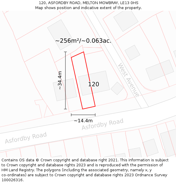 120, ASFORDBY ROAD, MELTON MOWBRAY, LE13 0HS: Plot and title map