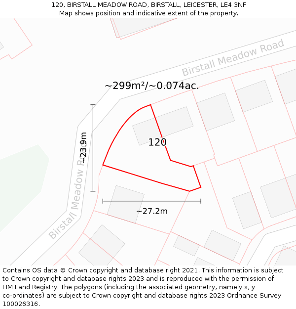 120, BIRSTALL MEADOW ROAD, BIRSTALL, LEICESTER, LE4 3NF: Plot and title map