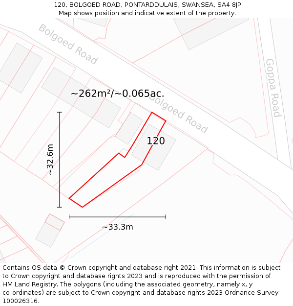 120, BOLGOED ROAD, PONTARDDULAIS, SWANSEA, SA4 8JP: Plot and title map