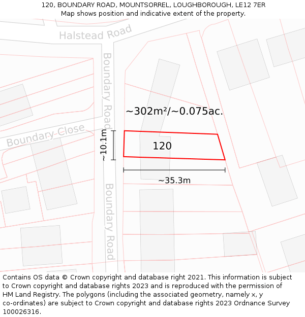 120, BOUNDARY ROAD, MOUNTSORREL, LOUGHBOROUGH, LE12 7ER: Plot and title map