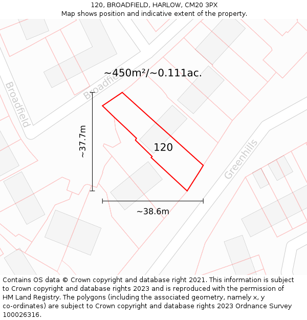 120, BROADFIELD, HARLOW, CM20 3PX: Plot and title map