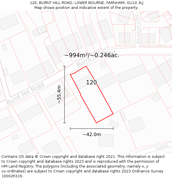 120, BURNT HILL ROAD, LOWER BOURNE, FARNHAM, GU10 3LJ: Plot and title map