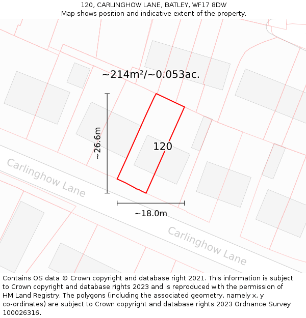 120, CARLINGHOW LANE, BATLEY, WF17 8DW: Plot and title map