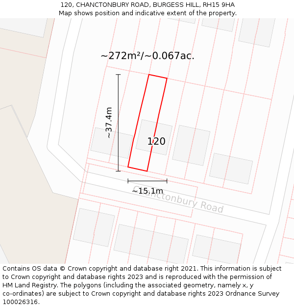 120, CHANCTONBURY ROAD, BURGESS HILL, RH15 9HA: Plot and title map