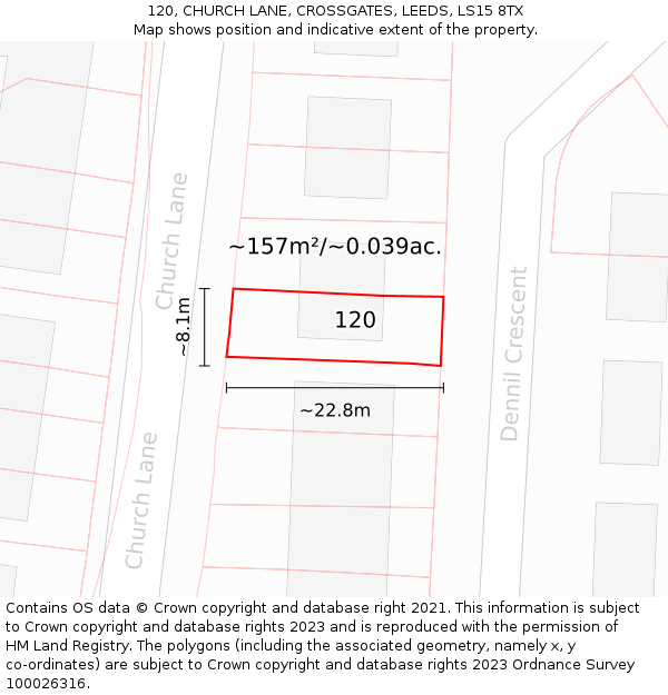 120, CHURCH LANE, CROSSGATES, LEEDS, LS15 8TX: Plot and title map