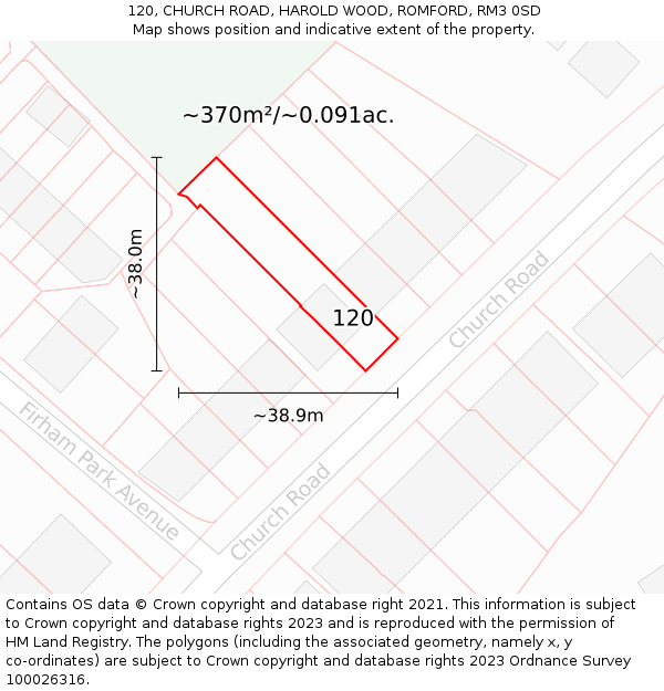 120, CHURCH ROAD, HAROLD WOOD, ROMFORD, RM3 0SD: Plot and title map