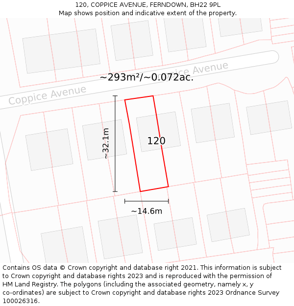 120, COPPICE AVENUE, FERNDOWN, BH22 9PL: Plot and title map