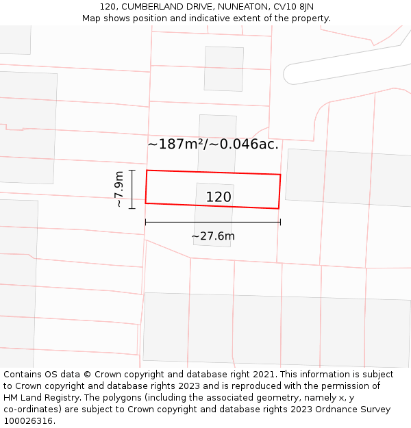 120, CUMBERLAND DRIVE, NUNEATON, CV10 8JN: Plot and title map