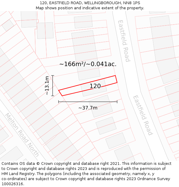 120, EASTFIELD ROAD, WELLINGBOROUGH, NN8 1PS: Plot and title map