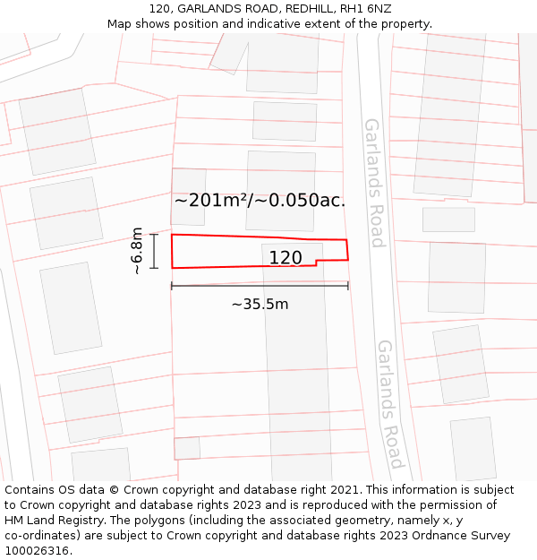 120, GARLANDS ROAD, REDHILL, RH1 6NZ: Plot and title map