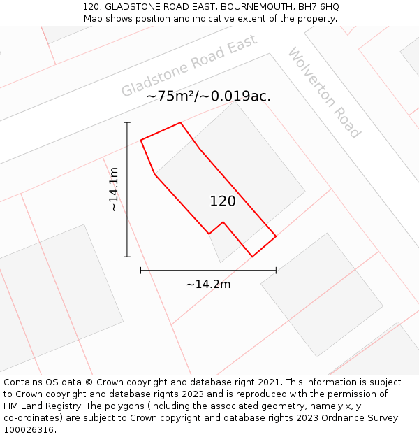 120, GLADSTONE ROAD EAST, BOURNEMOUTH, BH7 6HQ: Plot and title map