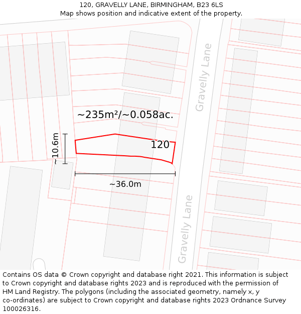 120, GRAVELLY LANE, BIRMINGHAM, B23 6LS: Plot and title map