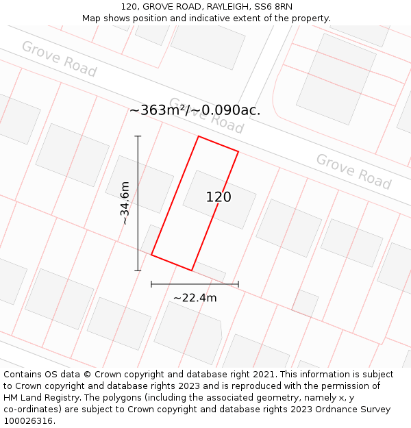 120, GROVE ROAD, RAYLEIGH, SS6 8RN: Plot and title map