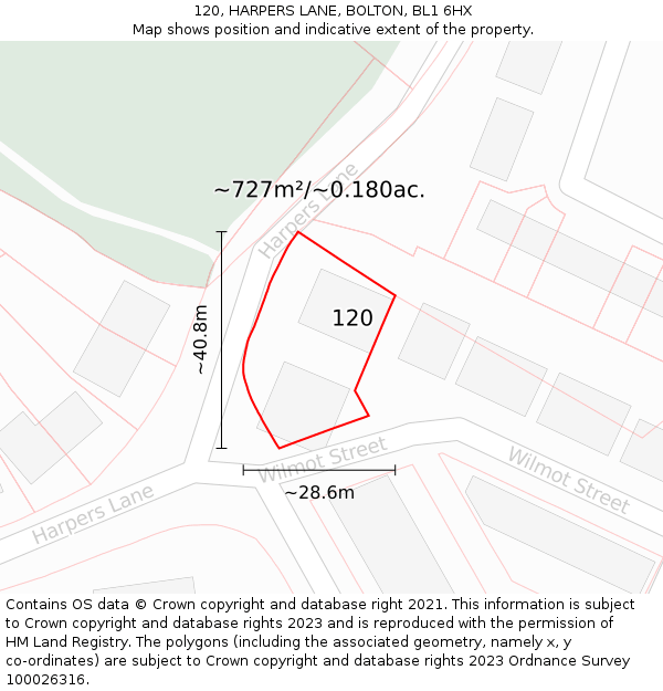 120, HARPERS LANE, BOLTON, BL1 6HX: Plot and title map