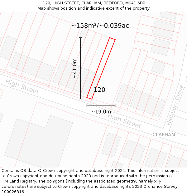 120, HIGH STREET, CLAPHAM, BEDFORD, MK41 6BP: Plot and title map