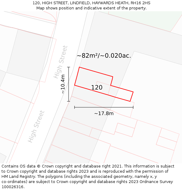 120, HIGH STREET, LINDFIELD, HAYWARDS HEATH, RH16 2HS: Plot and title map