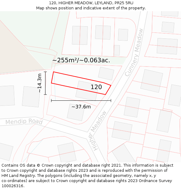 120, HIGHER MEADOW, LEYLAND, PR25 5RU: Plot and title map