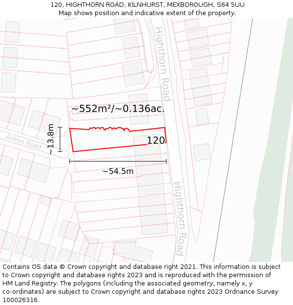 120, HIGHTHORN ROAD, KILNHURST, MEXBOROUGH, S64 5UU: Plot and title map