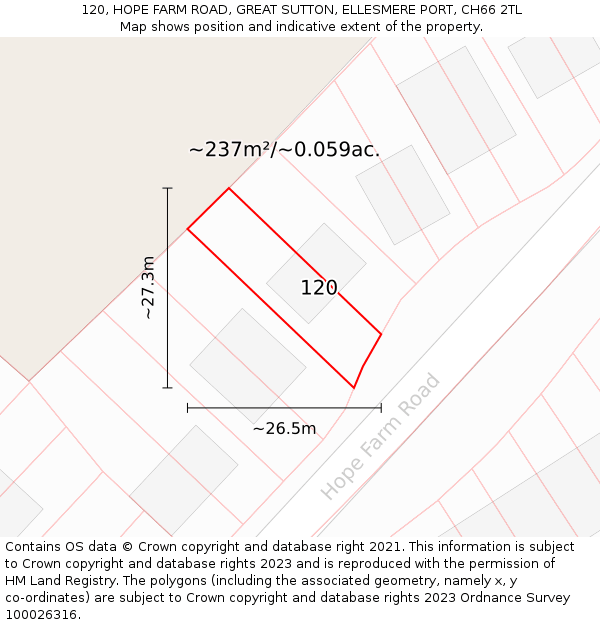 120, HOPE FARM ROAD, GREAT SUTTON, ELLESMERE PORT, CH66 2TL: Plot and title map
