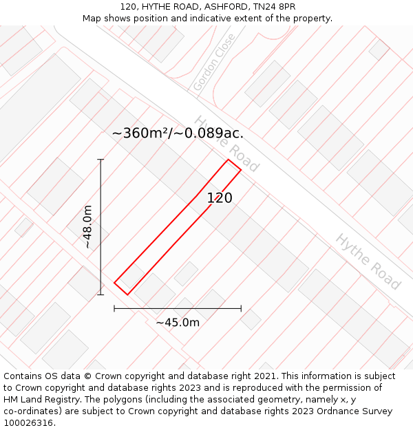 120, HYTHE ROAD, ASHFORD, TN24 8PR: Plot and title map