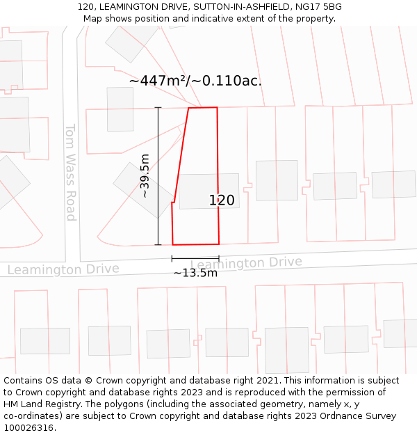 120, LEAMINGTON DRIVE, SUTTON-IN-ASHFIELD, NG17 5BG: Plot and title map