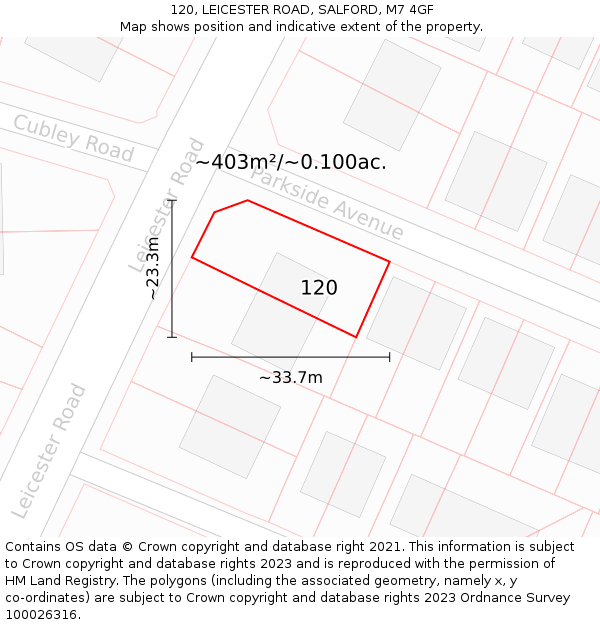 120, LEICESTER ROAD, SALFORD, M7 4GF: Plot and title map