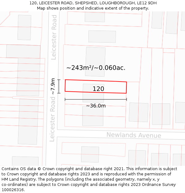 120, LEICESTER ROAD, SHEPSHED, LOUGHBOROUGH, LE12 9DH: Plot and title map