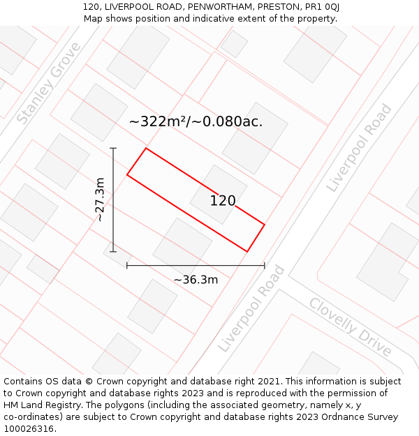 120, LIVERPOOL ROAD, PENWORTHAM, PRESTON, PR1 0QJ: Plot and title map