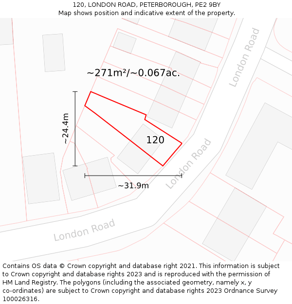 120, LONDON ROAD, PETERBOROUGH, PE2 9BY: Plot and title map