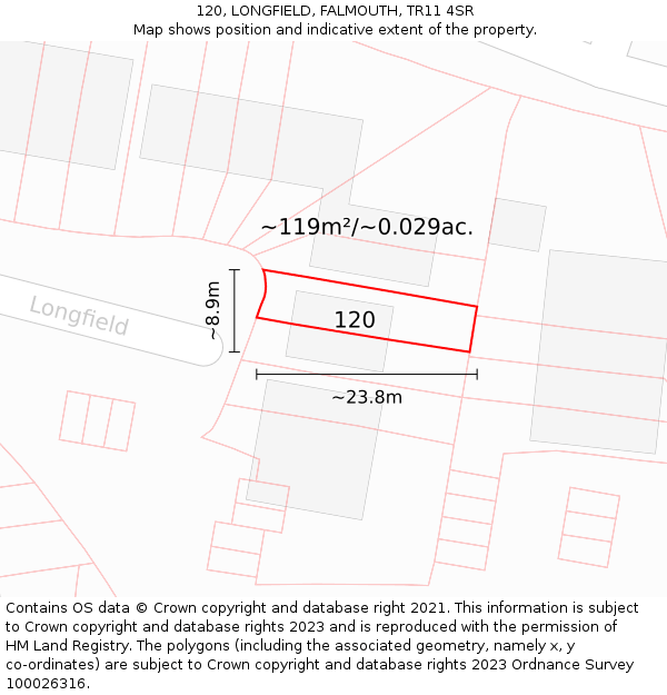 120, LONGFIELD, FALMOUTH, TR11 4SR: Plot and title map