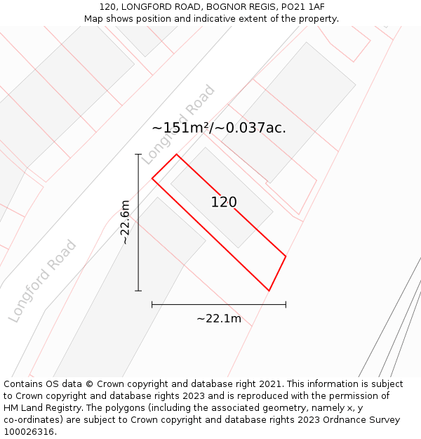 120, LONGFORD ROAD, BOGNOR REGIS, PO21 1AF: Plot and title map