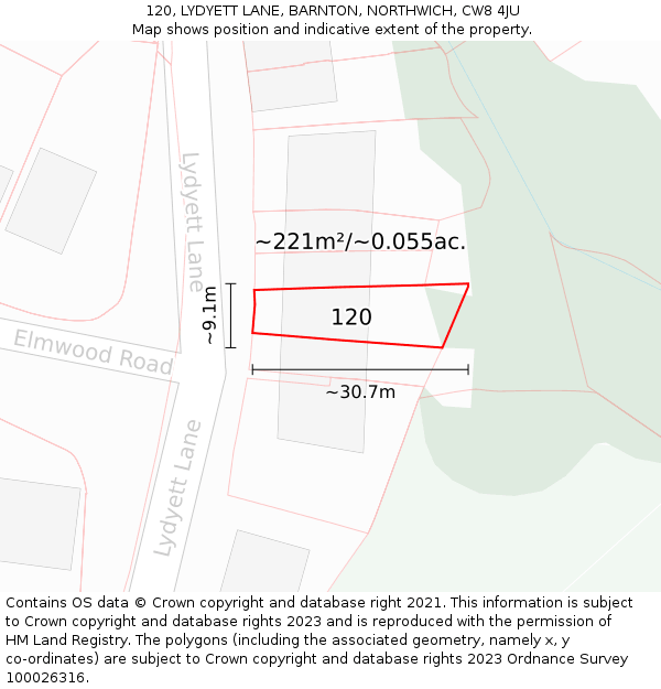 120, LYDYETT LANE, BARNTON, NORTHWICH, CW8 4JU: Plot and title map