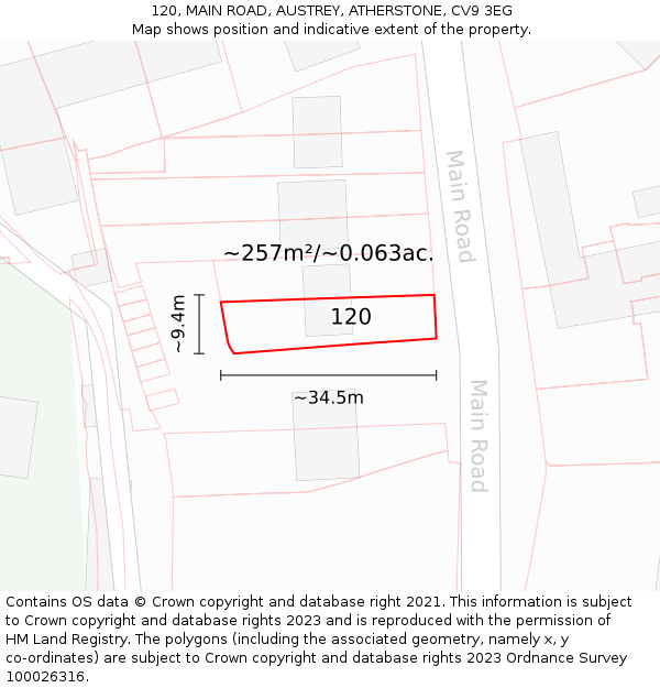 120, MAIN ROAD, AUSTREY, ATHERSTONE, CV9 3EG: Plot and title map