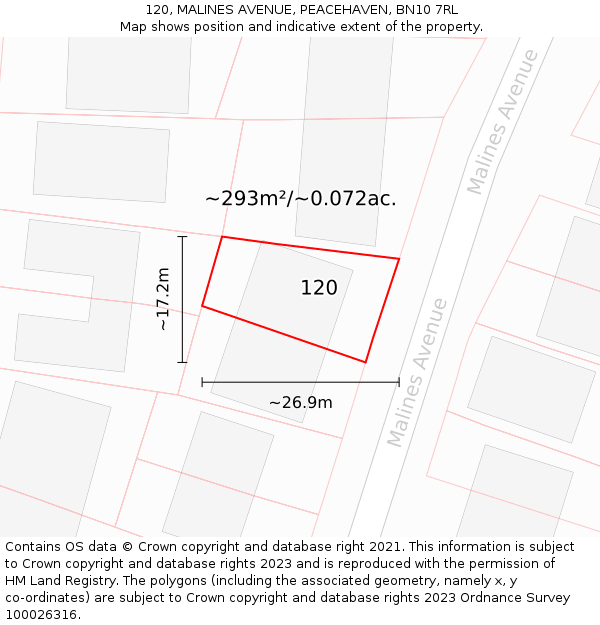 120, MALINES AVENUE, PEACEHAVEN, BN10 7RL: Plot and title map