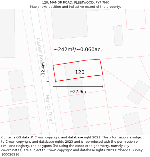 120, MANOR ROAD, FLEETWOOD, FY7 7HX: Plot and title map