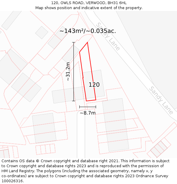 120, OWLS ROAD, VERWOOD, BH31 6HL: Plot and title map