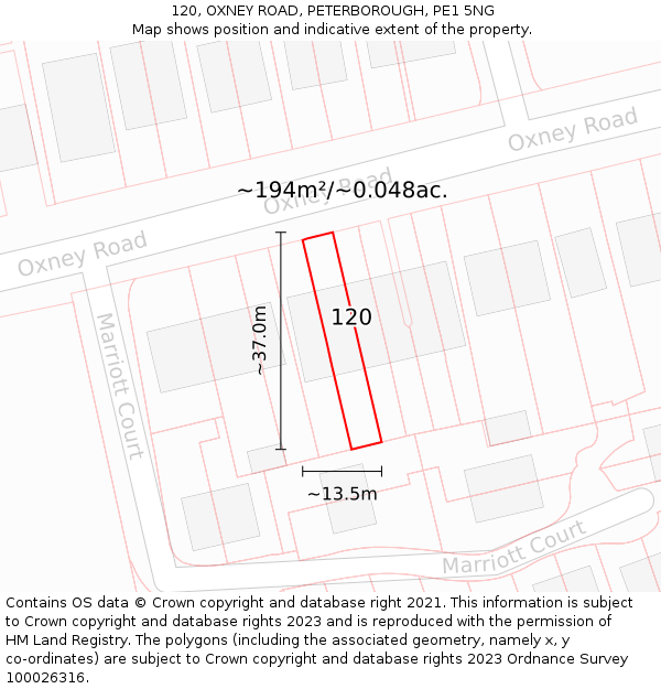 120, OXNEY ROAD, PETERBOROUGH, PE1 5NG: Plot and title map