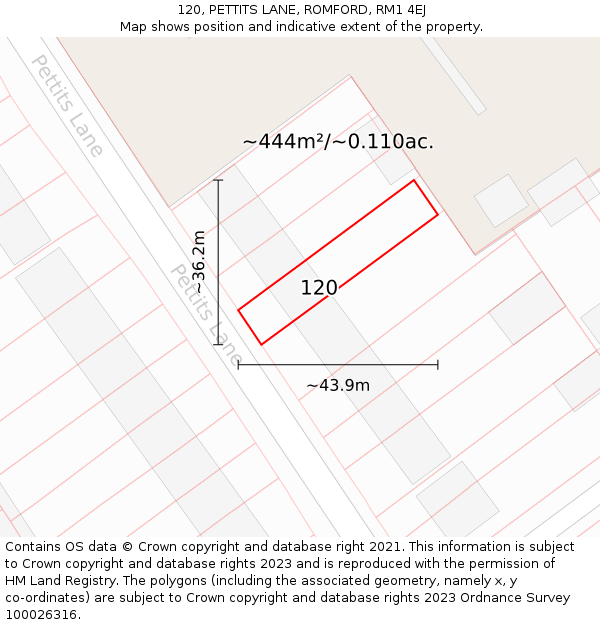 120, PETTITS LANE, ROMFORD, RM1 4EJ: Plot and title map