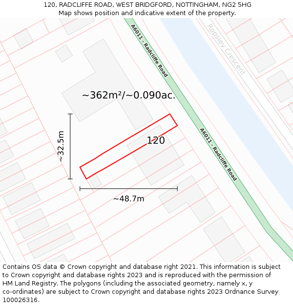 120, RADCLIFFE ROAD, WEST BRIDGFORD, NOTTINGHAM, NG2 5HG: Plot and title map